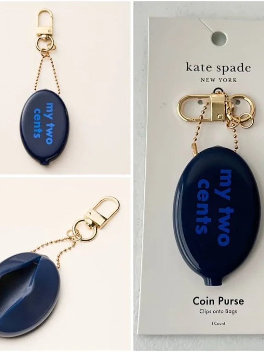 kate spade New York "my two cents" Navy Coin Purse Keychain